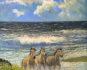 Three horses splashing through waves on a beach. The foreground has flowers & rocks. The sky has clouds.
